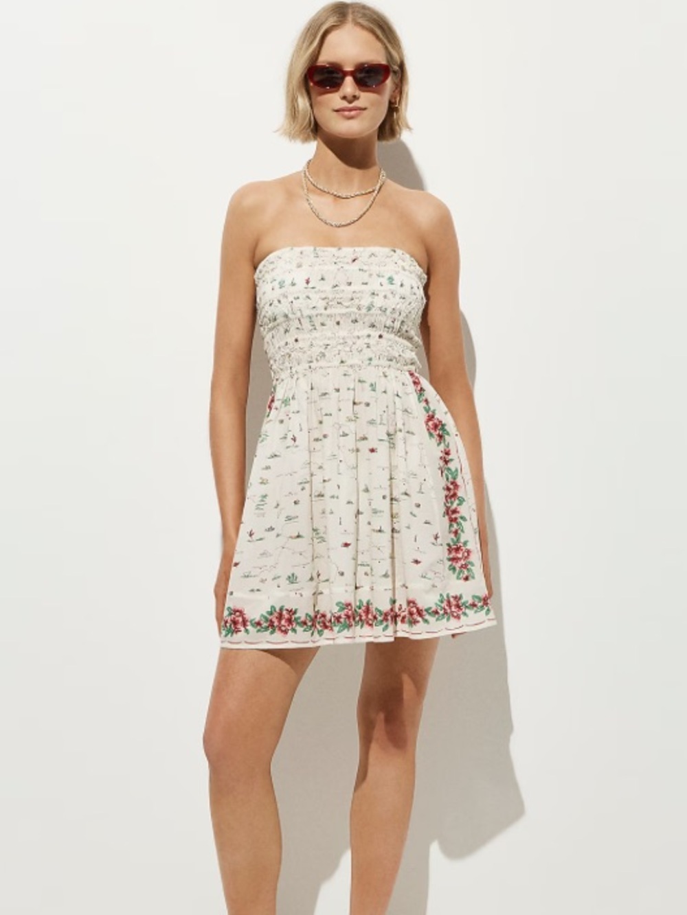 J crew Smocked mini dress in map-print cotton voile